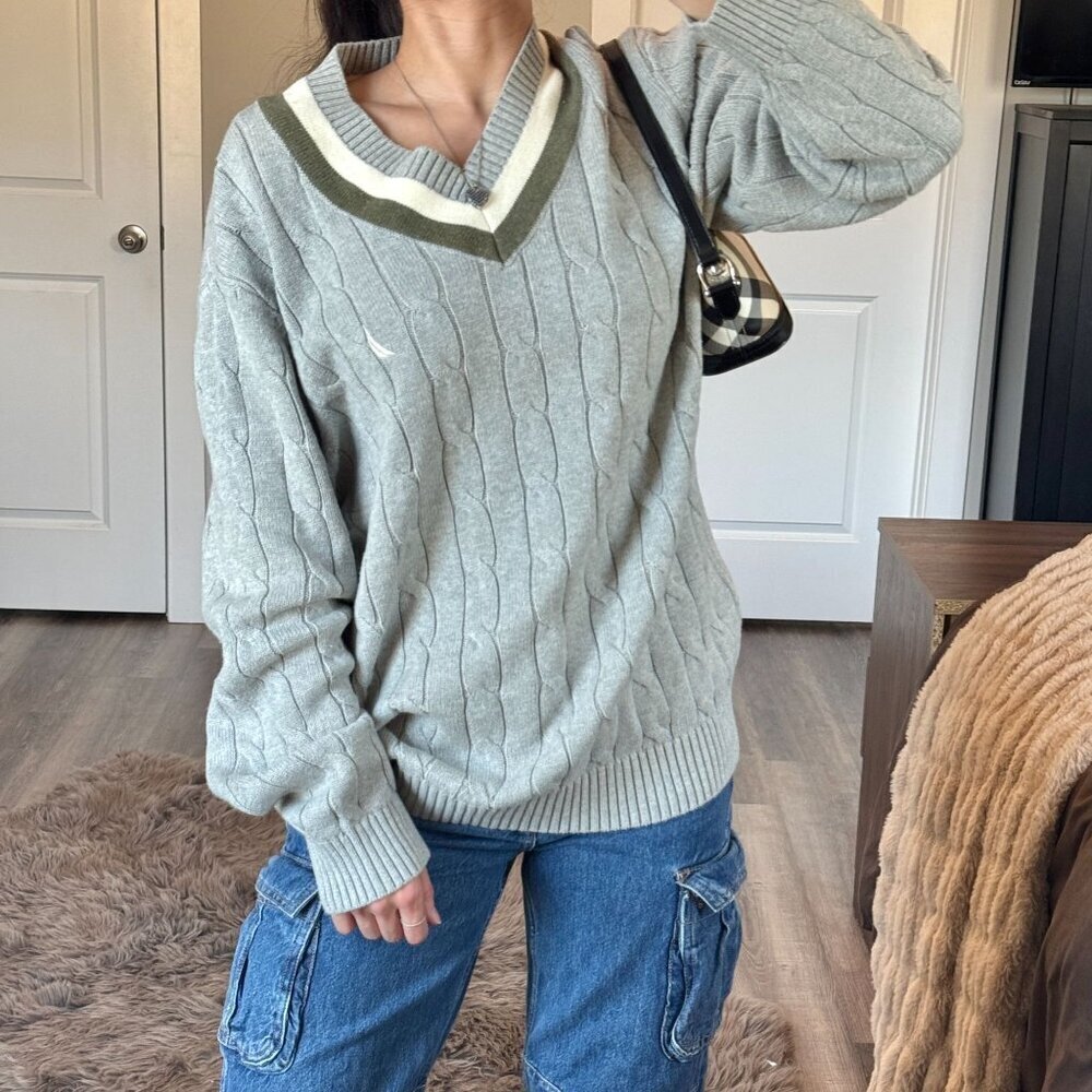 Y2K Nautica Varsity Cable Knit V-Neck Sweater Gray Academia Preppy Collegiate XL